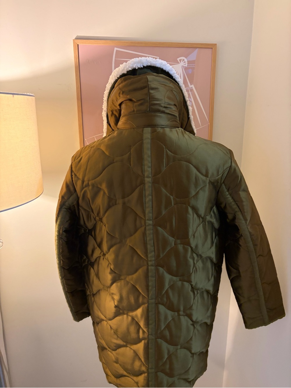 J. Crew Olive Green Quilted Puffer with White Sherpa Collar - Picture 4 of 6